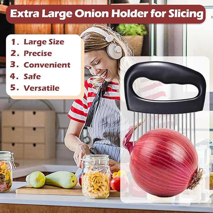 Hendiy Extra-Large Onion Holder for Slicing, 304 Stainless Steel Onion Slicer with 16 Long Needles, Onions Cutter Vegetable Chopper, Extra-Large Tomato Potato Slicer,Meat Tenderizer,Food Slicing Guide