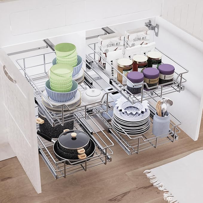 Pull Out Cabinet Organizer 15" W X 22" D, Slide Out Drawers For Kitchen Organizers and Storage, Pull Out Drawers For Cabinets Capacity Heavy Duty Caddy, Cabinet Shelves Chrome-Plated, Bathroom Pantry