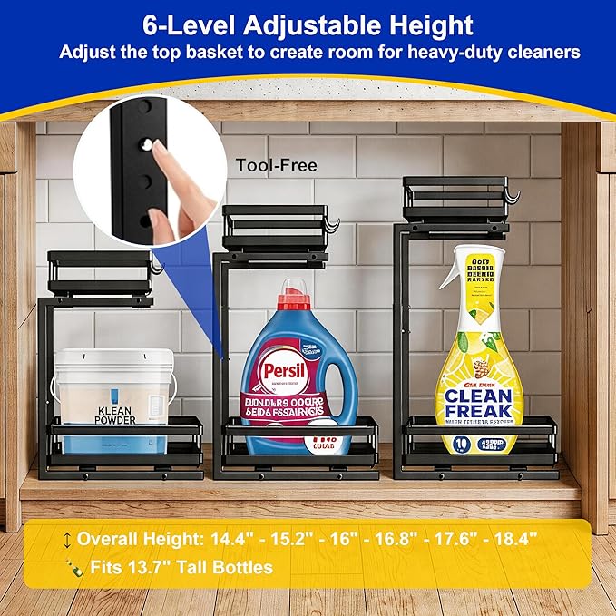 Under Sink Organizer, Dual-Rail Ball-Bearing, Under Kitchen Sink Organizer, 6-Level Adjustable, Under Cabinet Organizer, No-Drill Adhesive/Suction, Under Sink Storage (Black, Double Layer - 1 Pack)