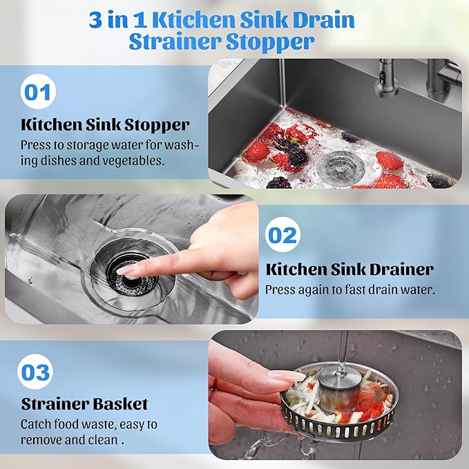 NinjaTiger Kitchen Sink Drain Strainer - 2-Pack 3-in-1 Stainless Steel Kitchen Sink Stopper Pop-Up Sink Drain Strainer Basket Kitchen Sink Stopper for US Standard 3-1/2'' Drain | Gunmetal Gray