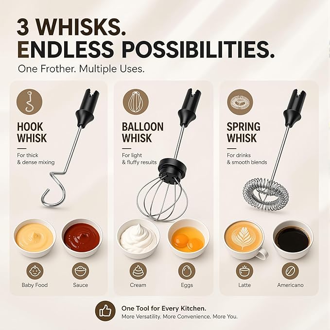 Rechargeable Milk Frother Handheld 3 Speed Coffee Foamer [3 Whisk] Electric Drink Mixer for Latte, Cappuccino, Coffee, Eggs, Hot Chocolate, Protein Black
