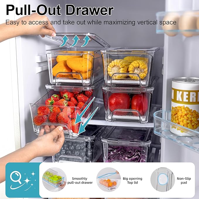 4-Pack Stackable Fruit Storage Containers for Fridge, Clear Pull-Out Drawer Organizer Bins with Lids & Drain Tray, Keep Fresh, Removable Refrigerator Container for Berry, Veggie, Drinks, Food
