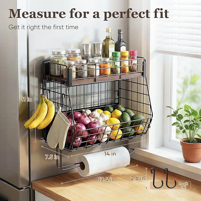 Magnetic Spice Rack for Refrigerator with Paper Towel Holder, Fruit Basket with 2 Hooks for Kitchen Storage and Organizer, Full‑Enclosed Magnetic Shelf 33 lbs for Laundry, Pantry, Coffee Bar and RV