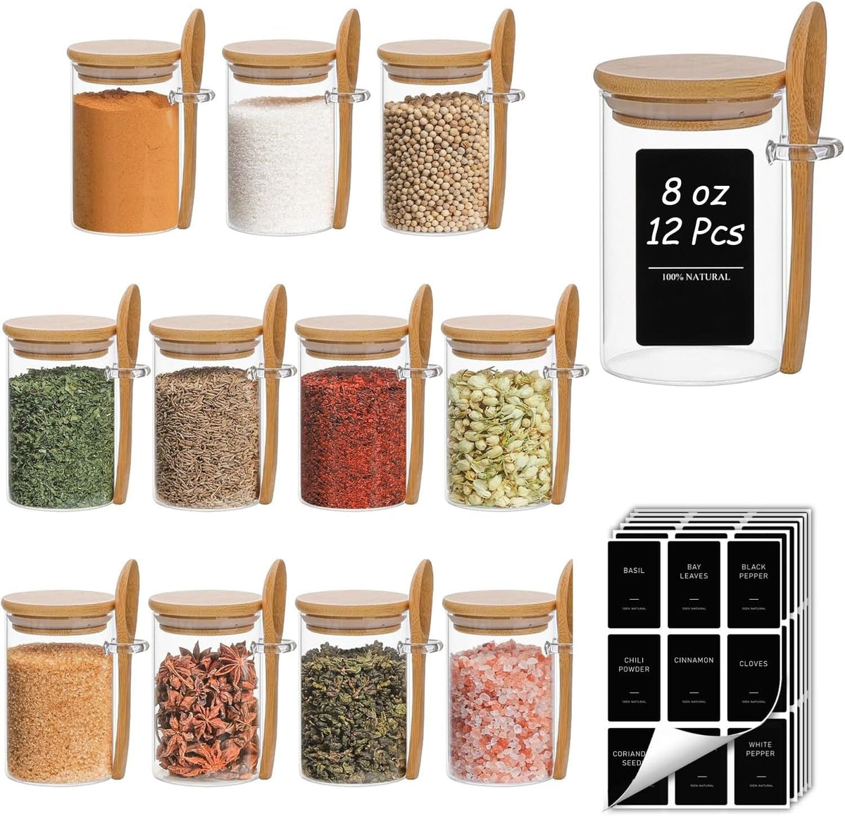 Spice Jars with Spoons 8 oz 12 Pack, Seasoning Container with Labels