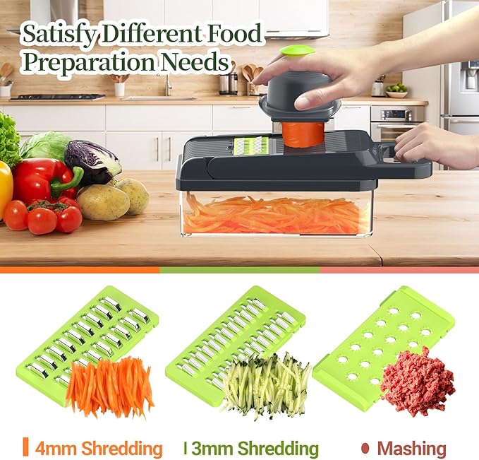 StoreHappily 12-in-1 Vegetable Chopper, 7 Blades Veggie Chopper with Container and Lid, Dicer, Slicer, Multifunctional Kitchen Gadgets, Vegetable Cutter with Handle, Onion Cutter(Green/Grey)