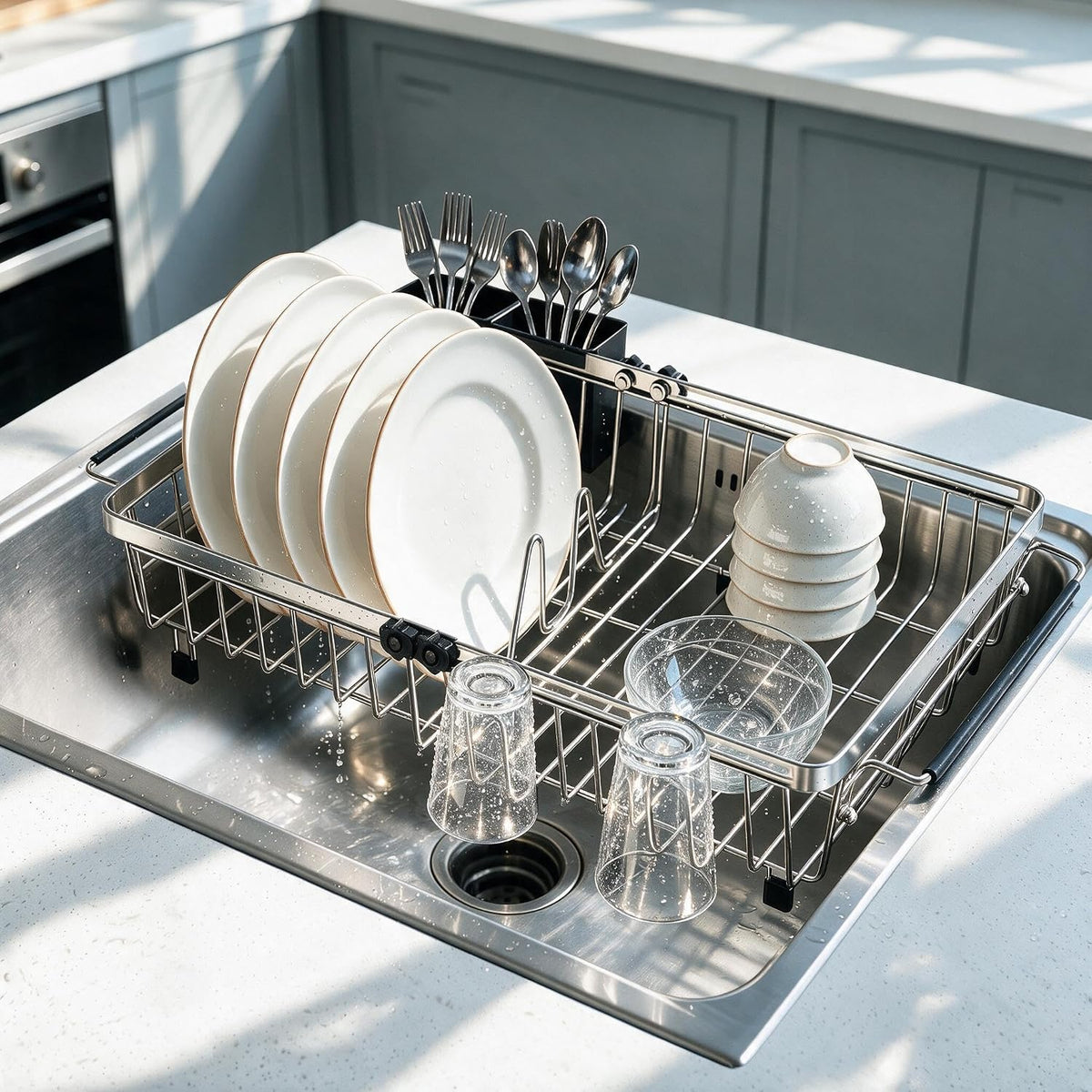 Expandable Dish Drying Rack Over & in Sink with 2 Utensil Holders