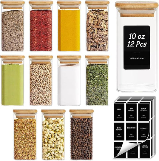 ComSaf 12Pcs Spice Jars with Labels, Glass Jar with Bamboo Lid, 10oz Airtight Square Containers with Black Lables, Empty Seasoning Jars for Spice