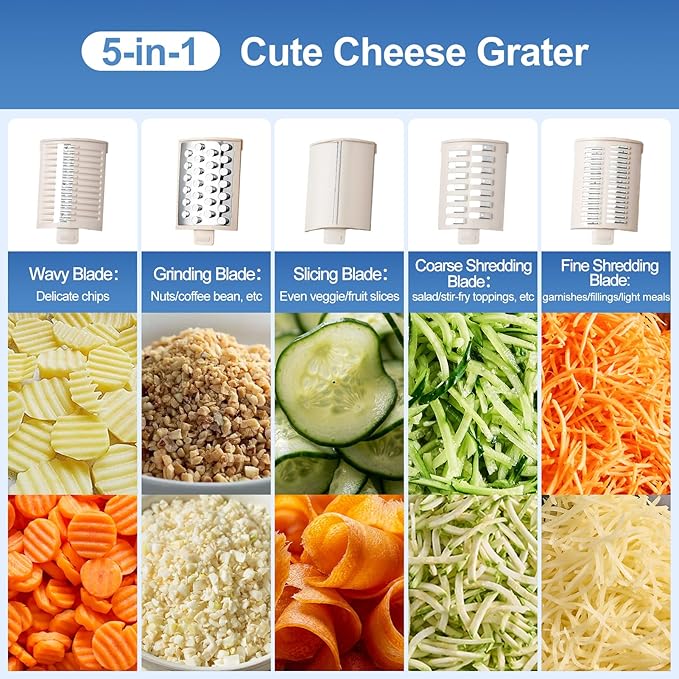 Kawu Electric Vegetable Slicer, 5-in-1 Automatic Cheese Grater Salad Shooter with One-Touch Control, Salad Maker Food Processor for Fruits, Block Cheese, Food Dicer Chopper Shredder for Home, Kitchen