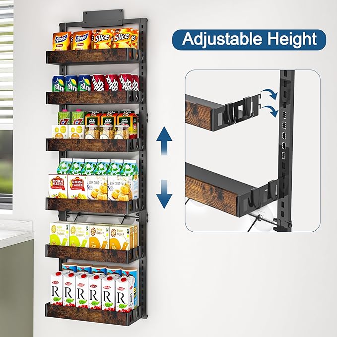BUKFEN 6-Tier Over the Door Pantry Organizer, 2-in-1 Door Hanging or Wall Mounted Spice Rack, Heavy Duty Metal Storage Shelves with Adjustable Wooden Baskets for Kitchen Bathroom Closet