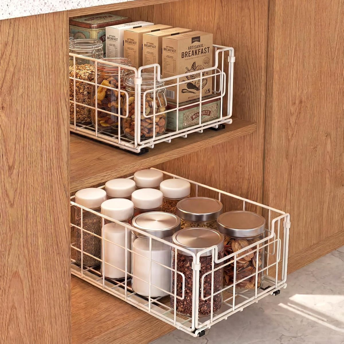 Pull Out Cabinet Sliding Basket Organizer, No Drill, White-2 Pack