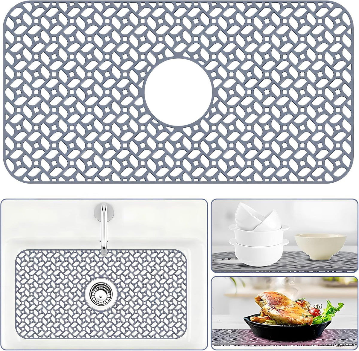 Silicone Sink Protectors for Kitchen Sink, 24.8"x12.9" Kitchen Sink Grid Accessory, Heat-Resistant, Non-Slip Silicone Grid Mat for Bottom of Stainless Steel & Farmhouse Sinks, Center Drain (Gray)