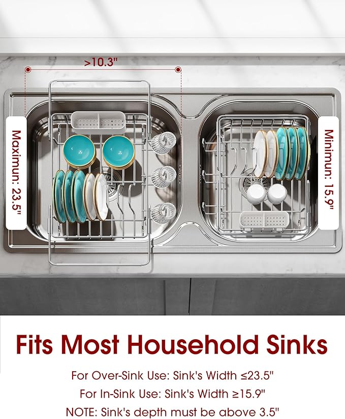 Sakugi Dish Drying Rack in Sink - Expandable Stainless Steel Dish Rack Over the Sink, Kitchen Sink Drain Strainer with Cutlery Holder & Cup Holders, 15.4 x 9.8 x 3.0 Inch, Silver