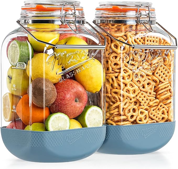 [NEW] 2 Pack Square 1.5 Gallon Glass Jar with Hinged Airtight Lid, Large Mason Jars Wide Mouth with Handle, Glass Storage Containers with Non-slip Base for Pantry, Laundry Room, Flour, Rice, Dog Treat