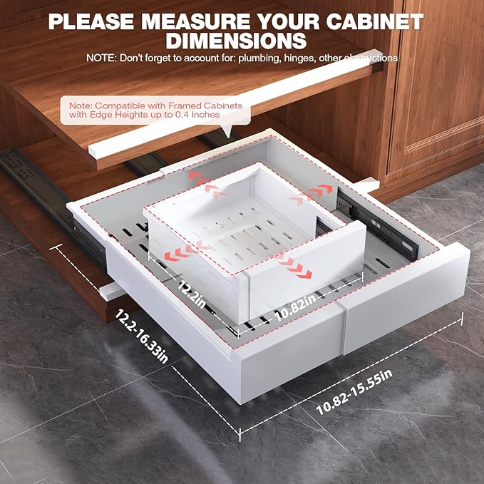 Seinloes Pull Out Cabinet Organizer,4-Side Expandable to Maximize Cabinet Space,Slide Out Drawers with 3 Rail Design,Roll Out Shelf with Raising Pad for Framed Cabinet,11"-16"W x 13"-17"D,White,2 Pack