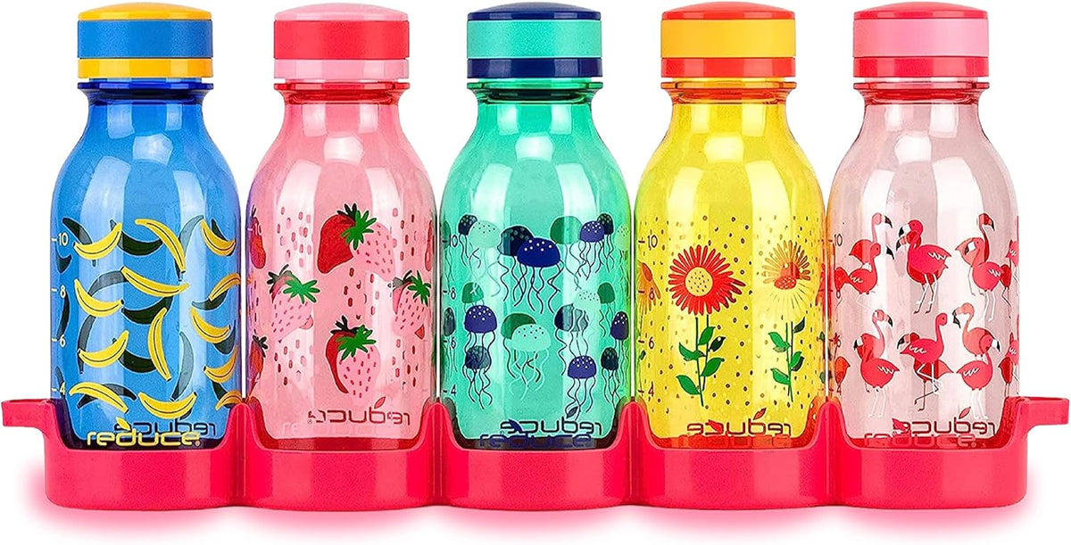 WaterWeek 14 oz Tritan Reusable Water Bottles - Includes 5 Leak Proof Bottles and Fridge Tray - BPA Free and Dishwasher Safe
