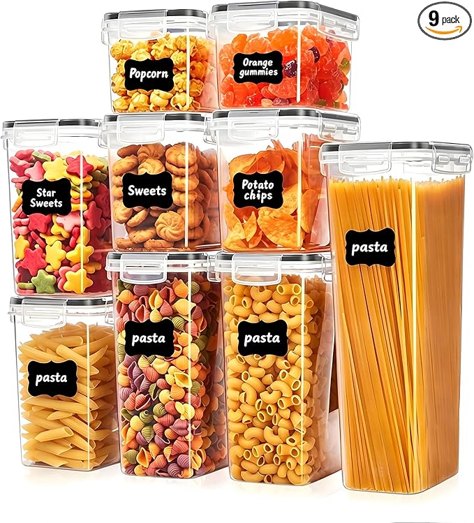 9 PCS Airtight Food Storage Containers with Lids, BPA Free Clear Plastic Kitchen and Pantry Organization and Storage Set for Flour, Sugar, Cereal, Pasta, Includes 9 Labels and Marker