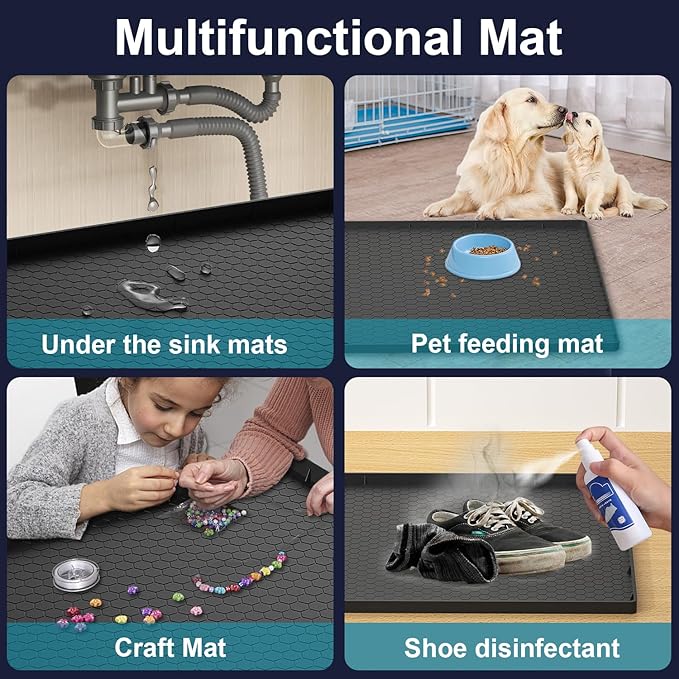 Under Sink Mat - 25" x 19" Waterproof Kitchen Cabinet Mat - Flexible Silicone Under Sink Liner - Kitchen Bathroom Cabinet Mat and Protector for Drips Leaks Spills (Black)