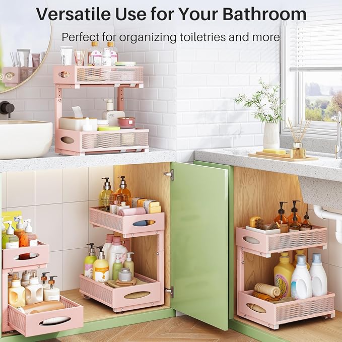 Under Sink Organizer, 2 Tier Pull out Cabinet Organizer Baskets with Mesh Sliding Drawers, Slide out Storage Shelf for Home, Kitchen, Bathroom, Pantry, Office Cabinet(1 Pack, Pink)