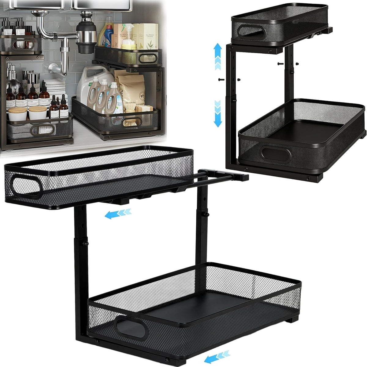 2 Pack Under Sink Organizer, Dual-Layer Pull Out Mesh Cabinet Rack with 5-Level Height Adjustment, Rust-Resistant Sliding Storage for Bathroom & Kitchen, Multi-Purpose 2-Tier Shelf(Black)