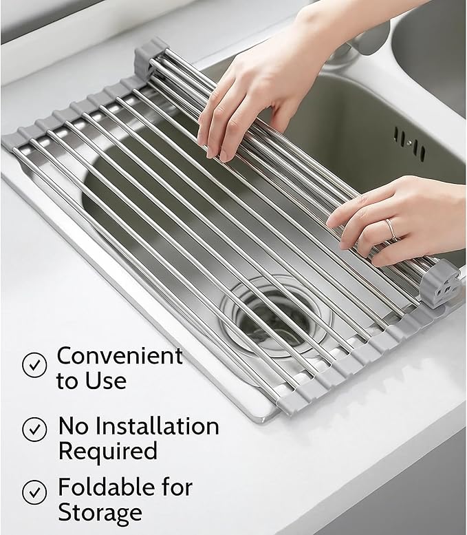 Over-The-Sink Roll Up Dish Drying Rack, 18.5" x 13.5" Foldable Stainless Steel Dish Drainer Mat, Sink Cover & Heat-Resistant Kitchen Organizer (Grey)