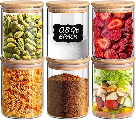 0.8 Qt Glass Food Storage Jars Set of 6, Small Canister Set for Kitchen