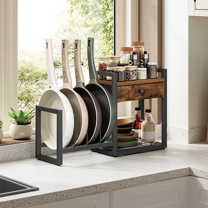 MAHANCRIS Countertop Shelf Organizer, Pots and Pans Organizer Rack, Pot Lid Holder with 1 Drawer, Pot Lid Organizer Holder with 2 Hooks, for Kitchen, Dining Room, Rustic Brown POHR2201