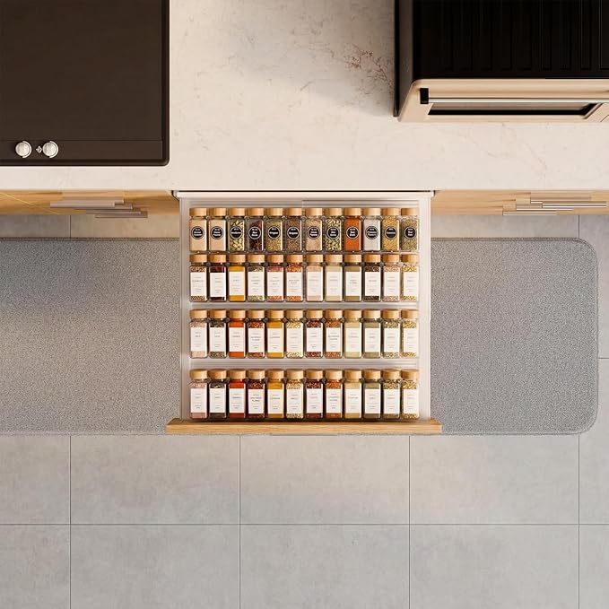 LETGO 4 Pack Adjustable Spice Rack for Drawer- Expandable From 11" to 22" Expandable Spice Drawer Organizer 4 Tiers Acrylic Seasoning Organizer Rack,Clear Spice Rack Tray for Spices,Condiment (4)