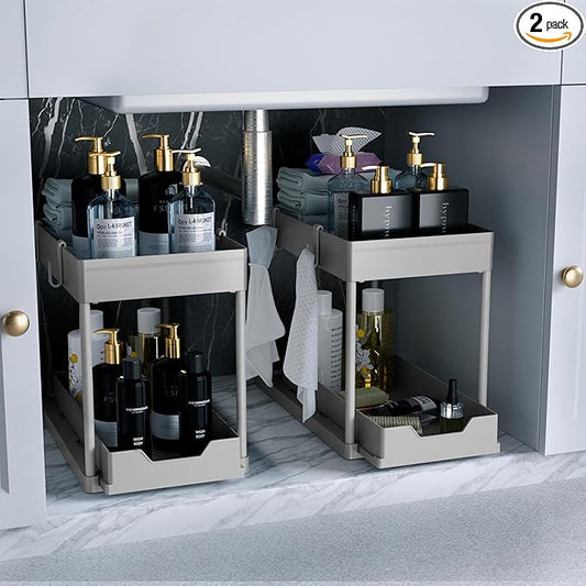 Under Sink Organizer 2 Pack，Bathroom Cabinet Organizer，2 Tier Sliding Cabinet