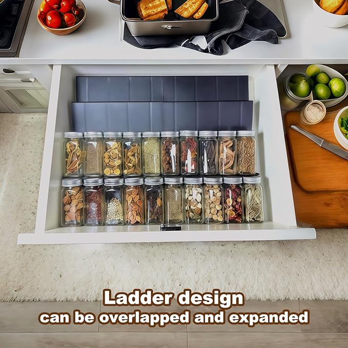 Spice Drawer Organizer, 4 Tier Spice Rack for Drawer Expandable From 11.8" to 23.6", Black Seasoning Organizer for Drawer Spice Organizer(Jars Not Included)