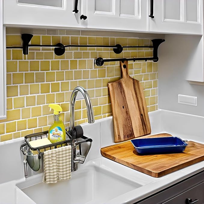 Kitchen Sink Faucet Organizer, Dish Sponge Holder Over Faucet Kitchen Sink Caddy Organizer with Hook for Bathroom, Scrubbers, Soap, Work with 0.7-1.1inch Round Water Pipe (Black,Left)
