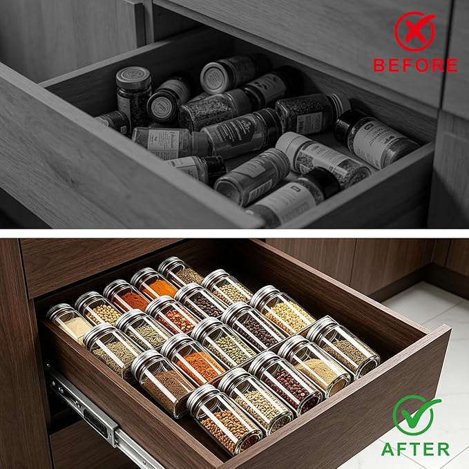 Expandable Acrylic Spice Drawer Organizer – 4-Tier Clear Seasoning Rack Insert for Kitchen Drawers, Adjustable from 9" to 18", Fits Most Spice Jars (Jars Not Included) 4-Pack