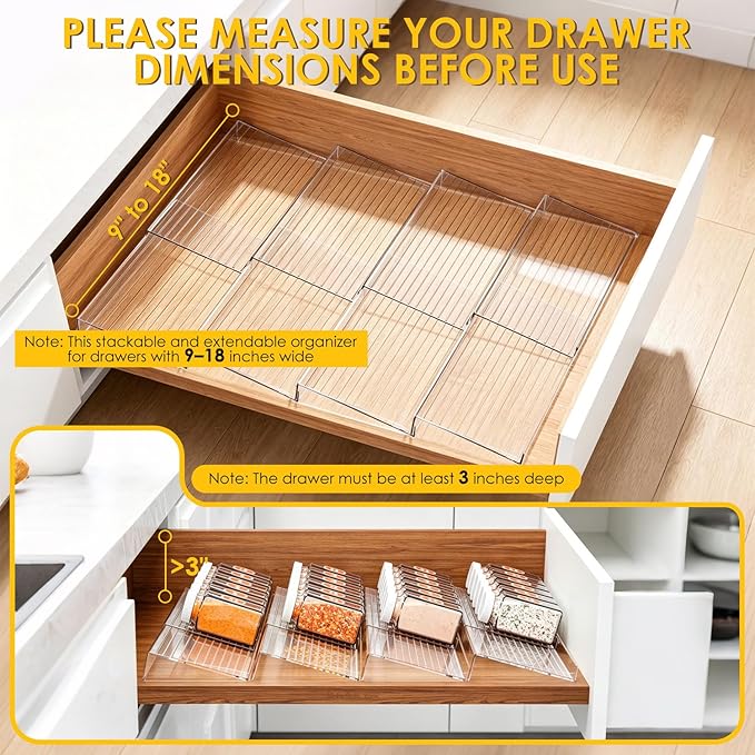 8 Pack Spice Drawer Organizer, Acrylic Spice Rack Expandable From 9" to 18", Clear Seasoning Organizer Tray for Kitchen Holds up to 48 Jars (Jars Not Included)