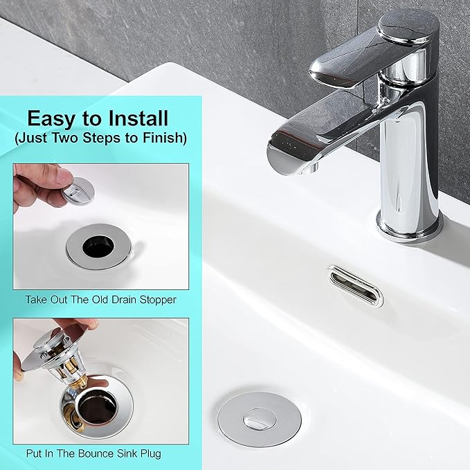 Universal Bathroom Sink Stopper - Stainless Steel Bounce Drain Filter, Pop Up Drain Stopper, Bullet Core Push Type Sink Stopper for Wash Basin, Sink Drain Plug with Anti-Clogging Strainer, Chrome