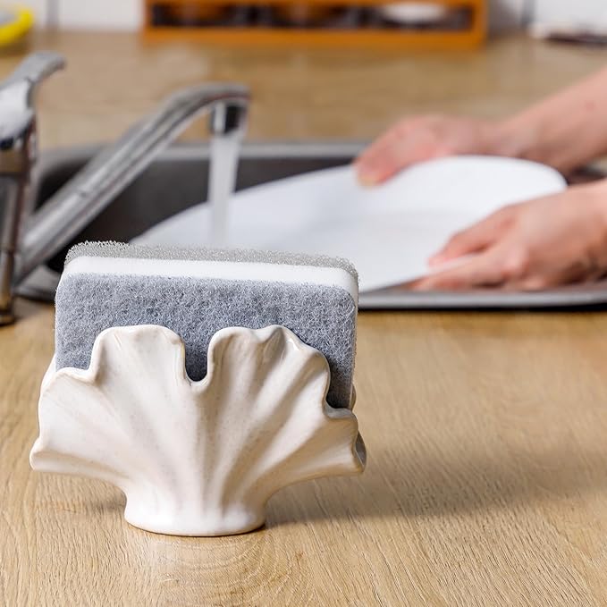 Uiddo Ceramic Sponge Holder,Sponge Holder for Kitchen Sink,Compact Sink Caddy Organizer-Scouring Pad and Dish Sponge Holders,Farmhouse Kitchens Decor Cute Kitchen Gadgets Accessories(White)