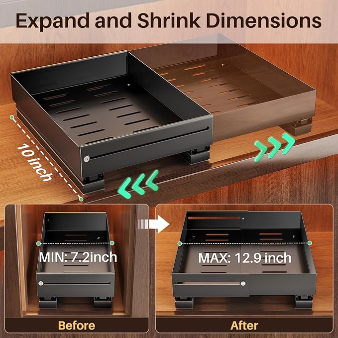 SNTD Pull Out Spice Rack for Upper Cabinet - Expandable Organizer with Smooth Ball Bearing Slides, No Drill Mounting Spice Storage for Kitchen (2 Pack, 7.2" to 12.9" W X 10" D X 2.2" H)