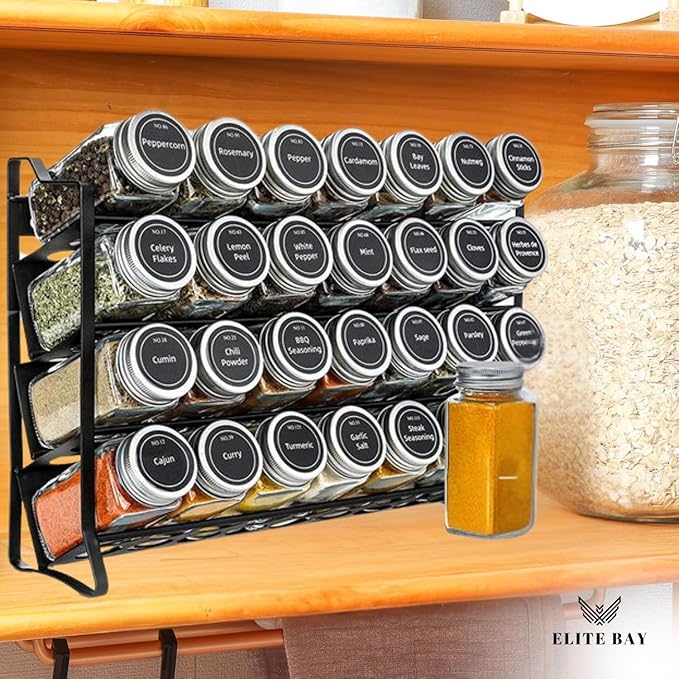 ELITE BAY-Spice Jar Rack with KEEP – 4-Tier Organizer with 28 Empty Bottles, 180 Waterproof Labels (55 Blanks), Funnel &Screws | Space-Saving Spice Storage Set for Kitchen Counter or Cabinet