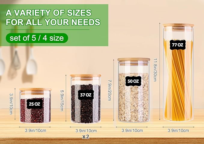 Glass Food Storage Jars, Food Containers with Airtight Bamboo Lids for Pasta, Cookies, Nuts, Coffee Beans, Cereal, Glass Canisters for Kitchen, Pantry Organization,Set of 5