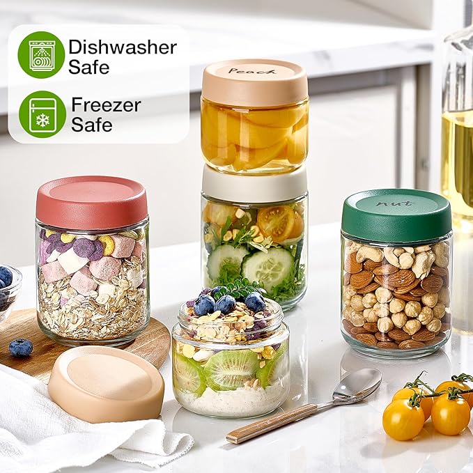 Qipecedm 8 Pack Overnight Oats Containers with Lids, Large & Small Glass Mason Jars 16oz & 10 oz, Breakfast Oatmeal Container to Go, Salad Meal Prep Jars for Food Storage, Mush Chia Seed Pudding Jars