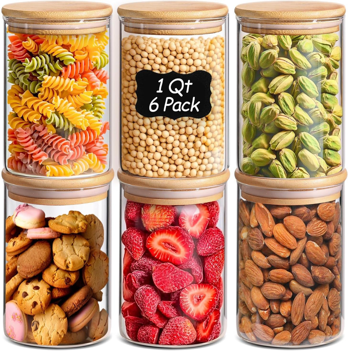 Glass Storage Containers with Lids 1 Qt, Set of 6 Food Storage Jars