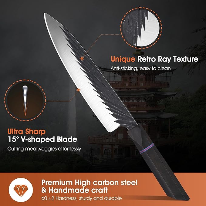 ROCOCO Japanese Chef Santoku Knife - Hand Forged Sharp Cooking Knives Meat Cleaver Professional for Home Kitchen 7.5" Father Mother Birthday Christmas Gift