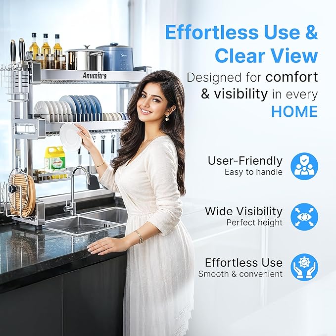 ANUMITRA Over Sink Dish Drying Rack – Stainless Steel 3-Tier 33.5 in Dish Drainer Rack, Space-Saving Kitchen Sink Organizer with Plate & Bowl Holders, Cutting Board Rack, Utensil Cup, Adjustable Feet
