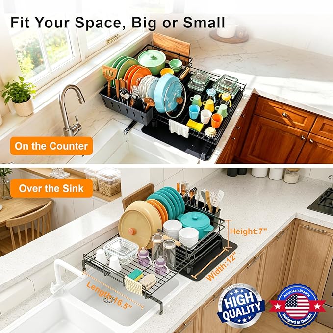 4-in-1 Extendable Dish Drying Rack, Large Capacity Modular Organizer System, Tool-Free Dish Drainer with Self-Draining Tray, Universal Fit & Rust-Resistant Dish Racks for Kitchen Counter