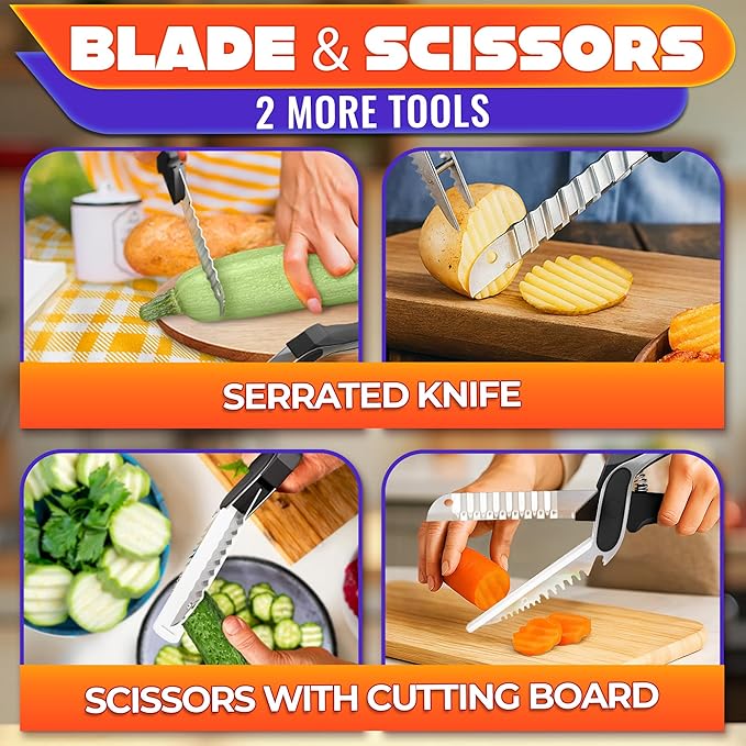 Cutting Board Scissors for Food – 6-in-1 Kitchen Shears with Ribbed Blade, Automatic Spring & Safety Lock, Dishwasher Safe – Cheese Scissors for Easy Slicing of Meat, Fish, Veggies, Fruits & Bread