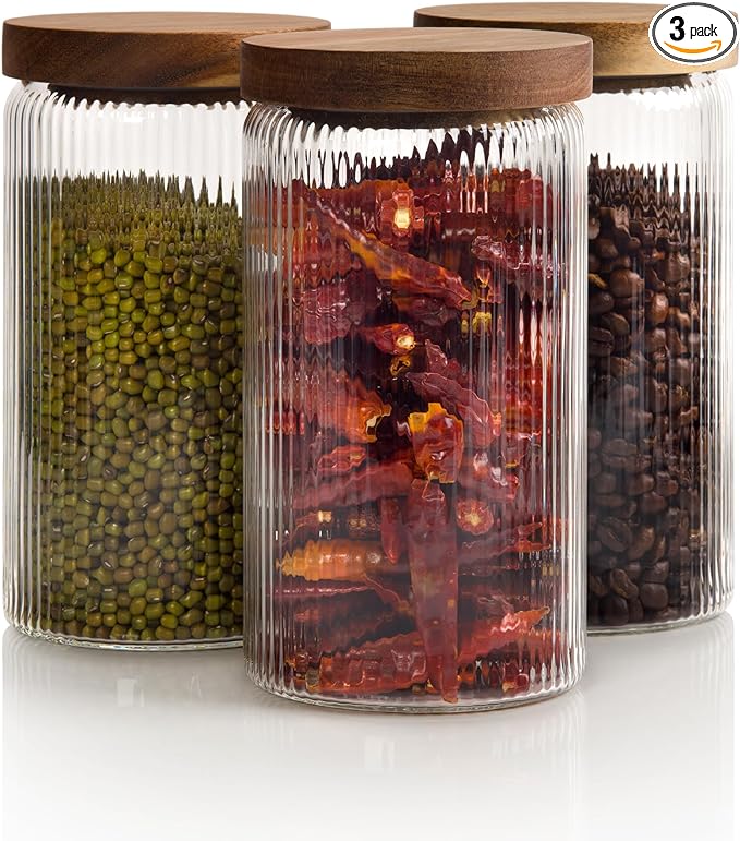 Mason & Fable Ribbed Glass Jars with Wooden Lid 27 fl oz- Set of 3