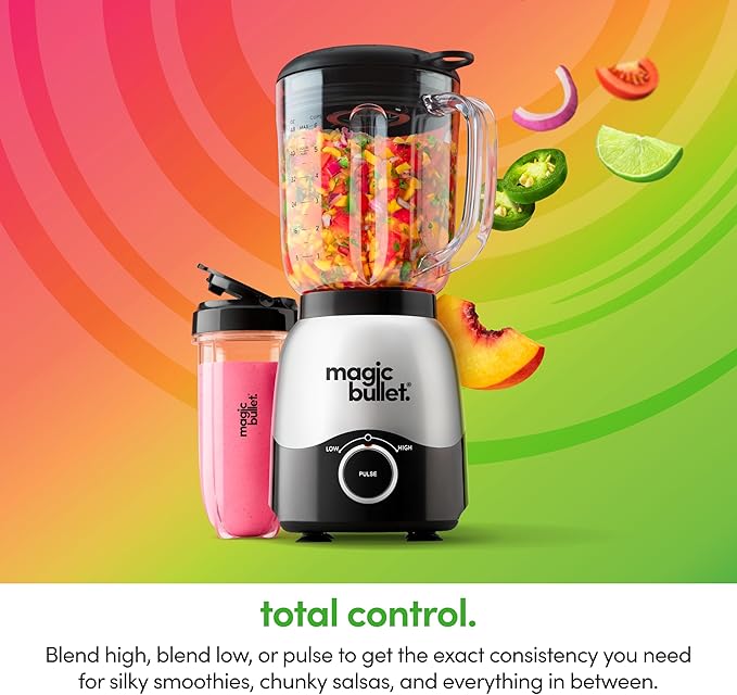 magic bullet Combo Blender, 600W, 48oz Pitcher, 16oz Cup with To-Go Lid, Easy Cleaning, Cross Blade, for Smoothies, Sauces, Shakes, Salsa, Hot Blends, Silver, MBF50200