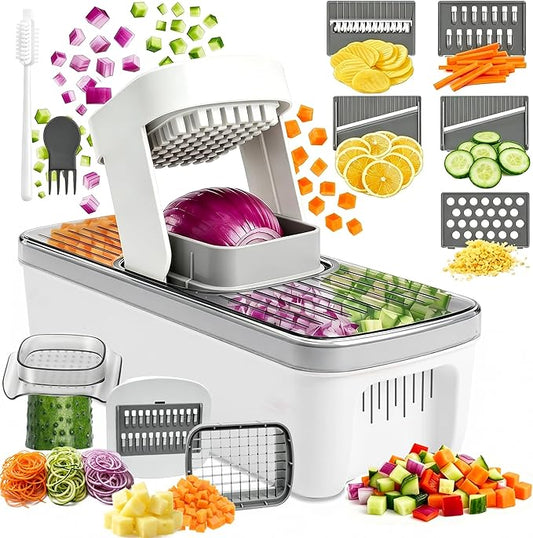 7-in-1 Vegetable Chopper – Mandoline Slicer Dicer with Container, Easy Tap Chop Food Cutter, 7 Interchangeable Blades for Onion Potato Cucumber, Kitchen Essentials Gift