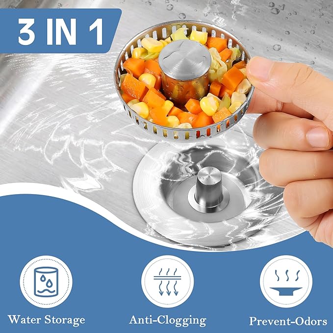 Kitchen Sink Drain Strainer 3 Pack, 304 Stainless Steel Pop Up Sink Stopper, Anti-Clogging Sink Drain Strainer for US Standard Kitchen Drain (SUS304 Brushed)