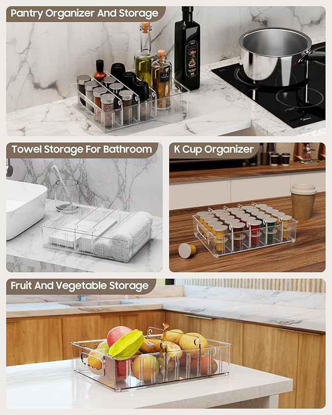 LYNG Lid Organizers Inside Cabinet, Clear Plastic Storage Lid Organizer With 4 Adjustable Dividers, Food Container Lid Organizer For Kitchen Pantry Blue