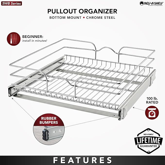 Rev-A-Shelf Steel Wire Pullout Drawer Organizer Shelf for Kitchen Cabinets, Slide Out Storage Basket, Min Opening Width of 20.5", 21" x 20", 5WB1-2120CR-1