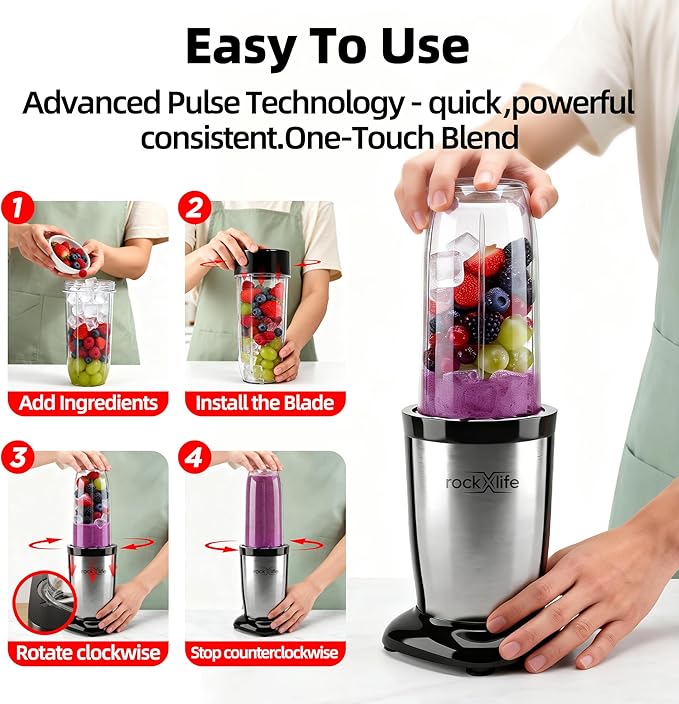 Personal Blender for Smoothies and Shakes, 2-in-1 Bullet Grinder with 24oz To-Go & 10oz Cup Portable Ice Crushing Mini, BPA-Free & Dishwasher Safe, Protein Shake Maker, Silver